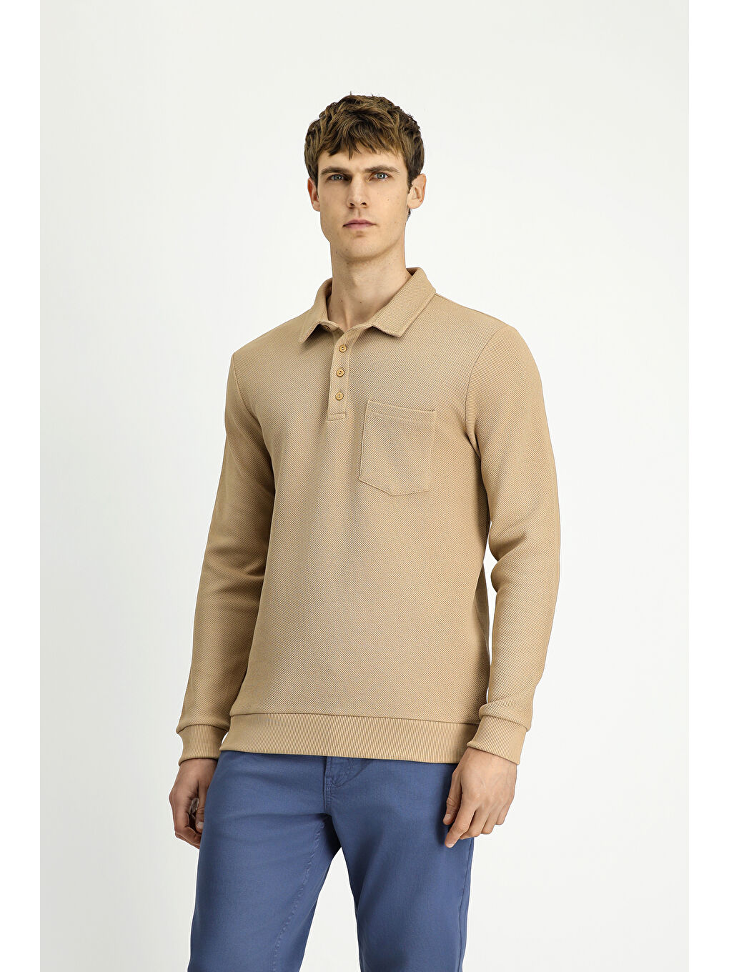 Bej Polo Yaka Regular Fit Desenli Cepli Pamuk Sweatshirt-2