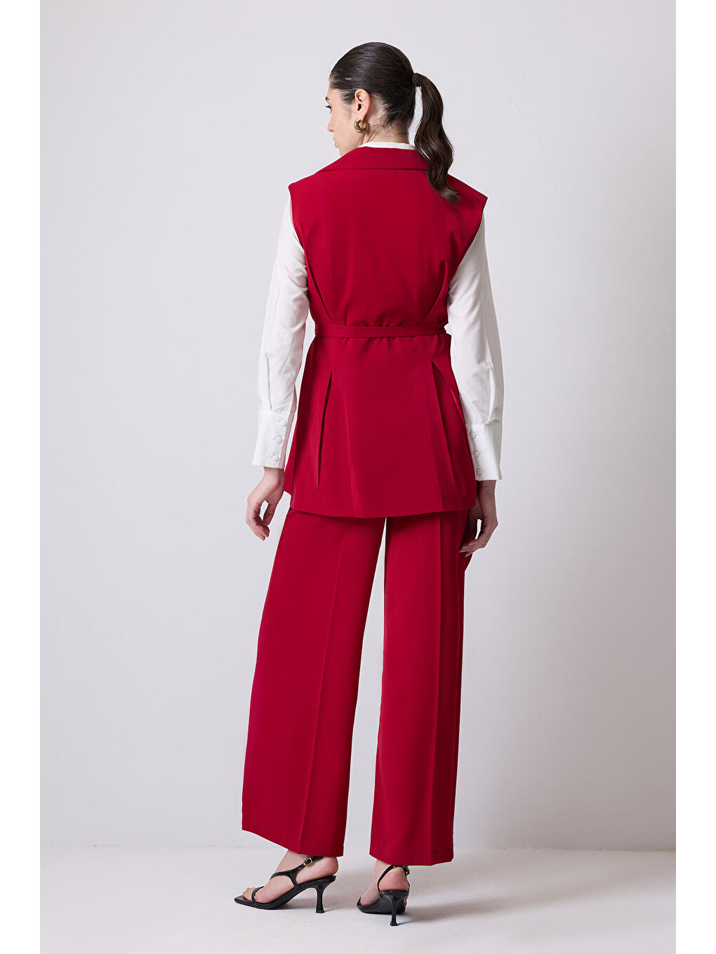 Kırmızı Pileli Kruvaze Yelek Pantolon Takım-3