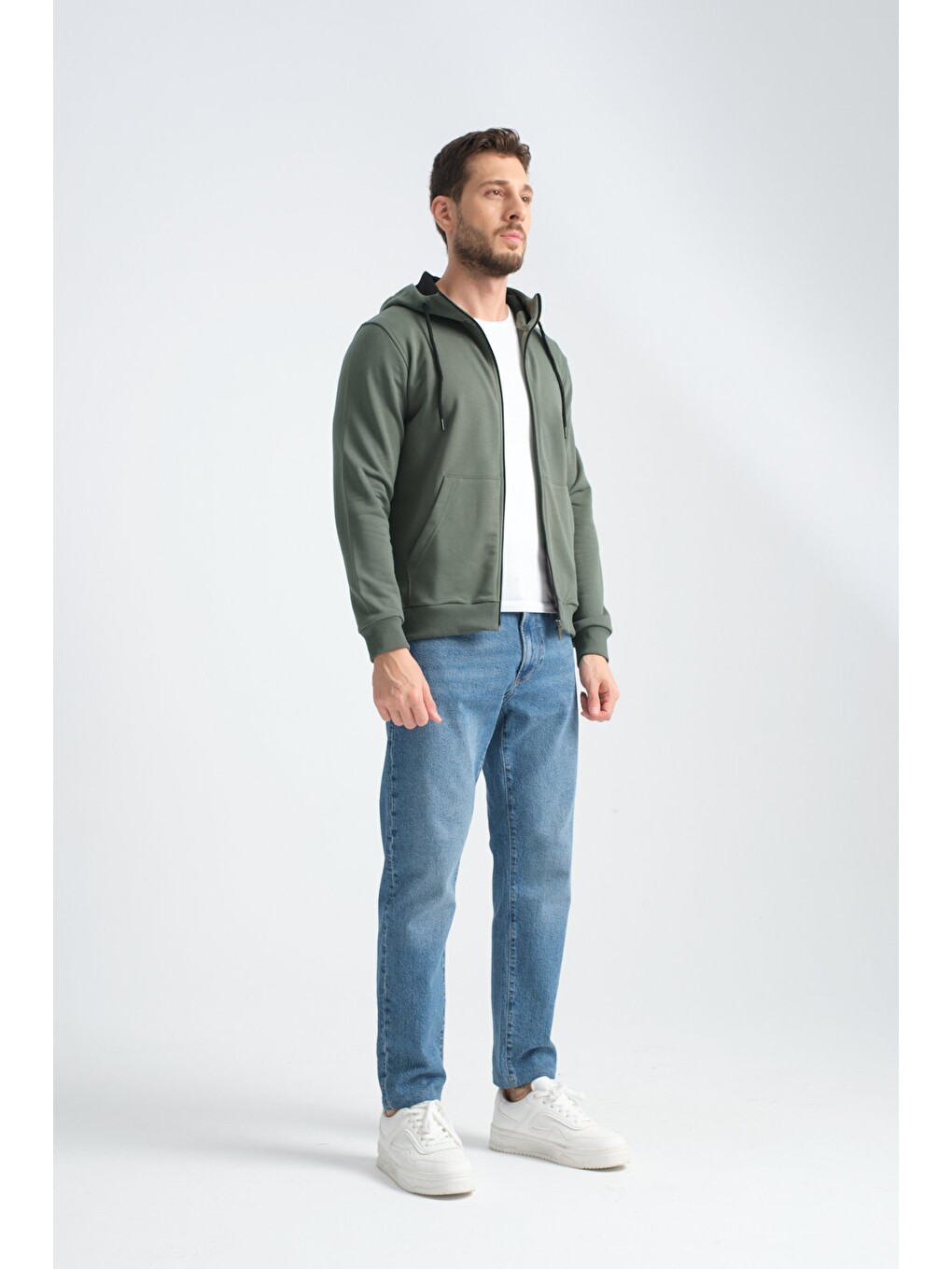 Haki Erkek Üç İplik Şardonsuz Fermuarlı Kapüşonlu Sweatshirt-5