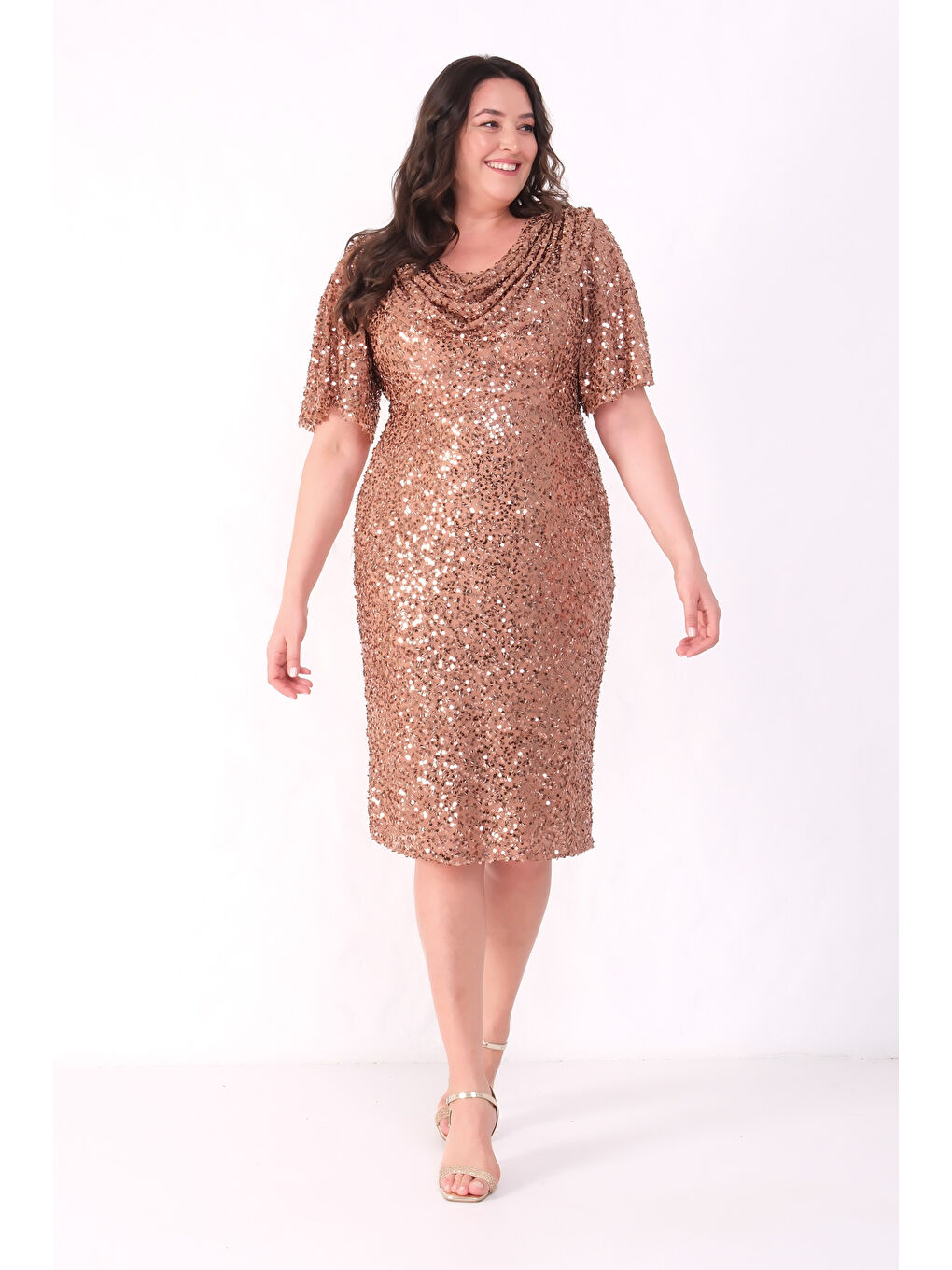 Kadın Kahverengi Degaje Yaka Pul Payet Büyük Beden Abiye Elbise-1