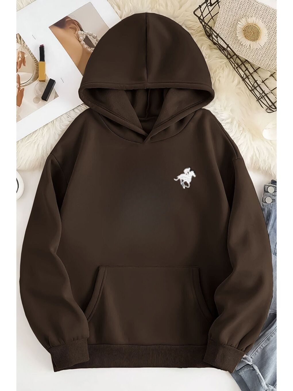 Kadın Kahverengi Horse Baskılı Oversize Kapüşonlu Sweatshirt Hoodie