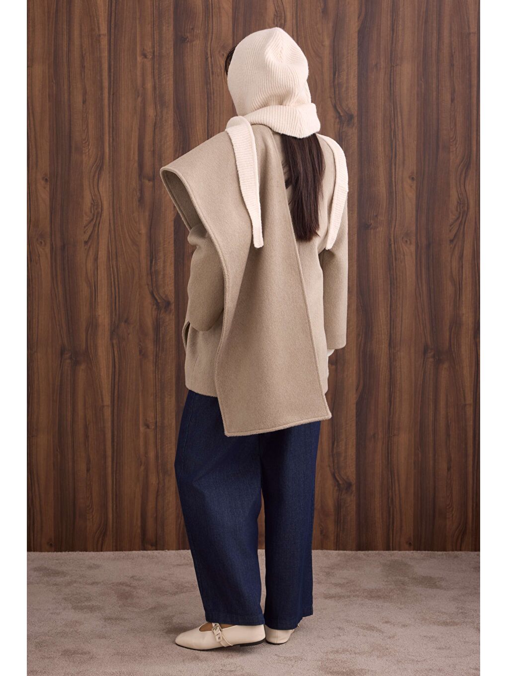 Bej Kuşaklı Şal Yaka Kaban Açık Vizon-3