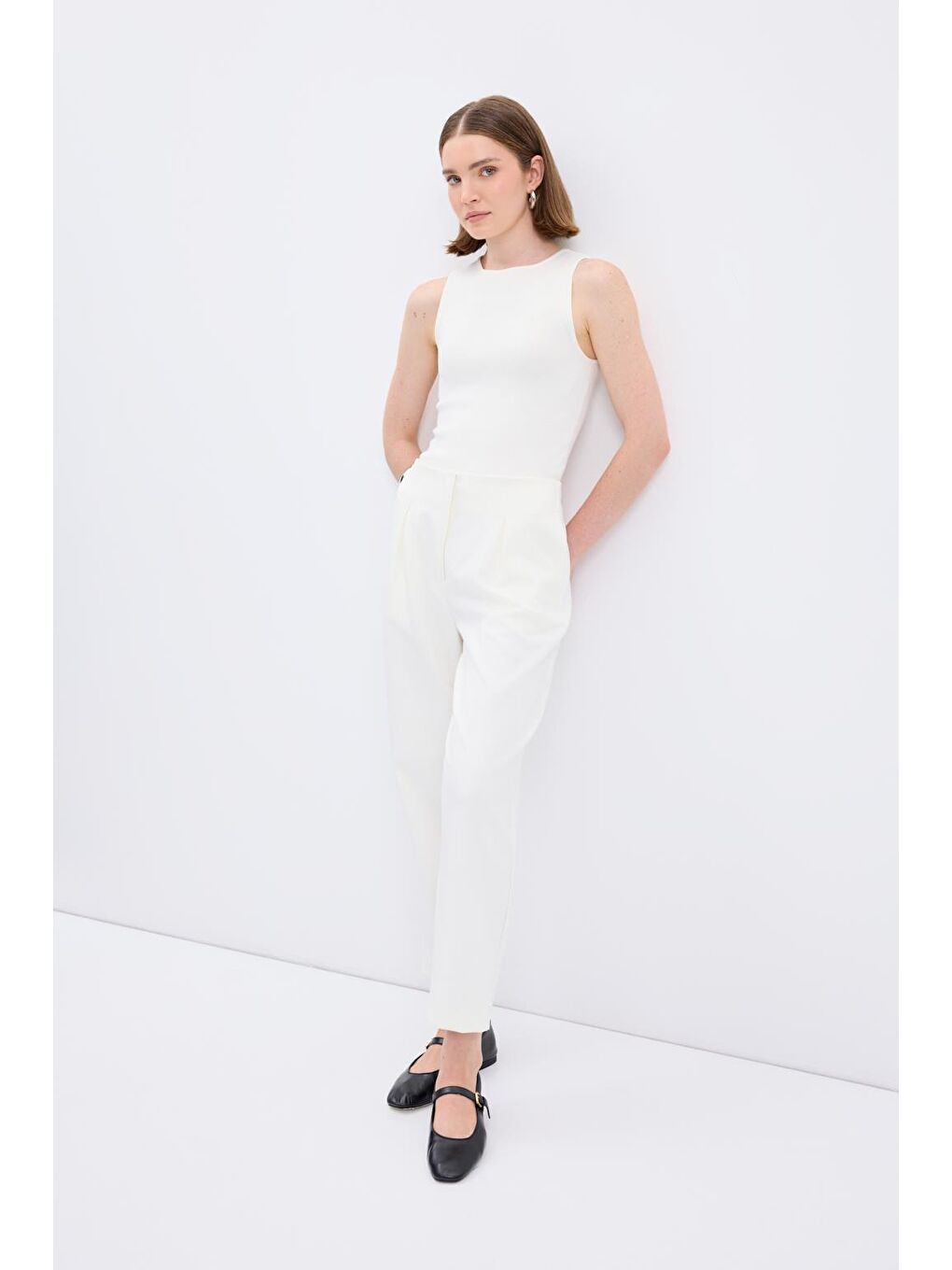 Yüksek Bel Düz Kesim Krep Pantolon Ekru-1