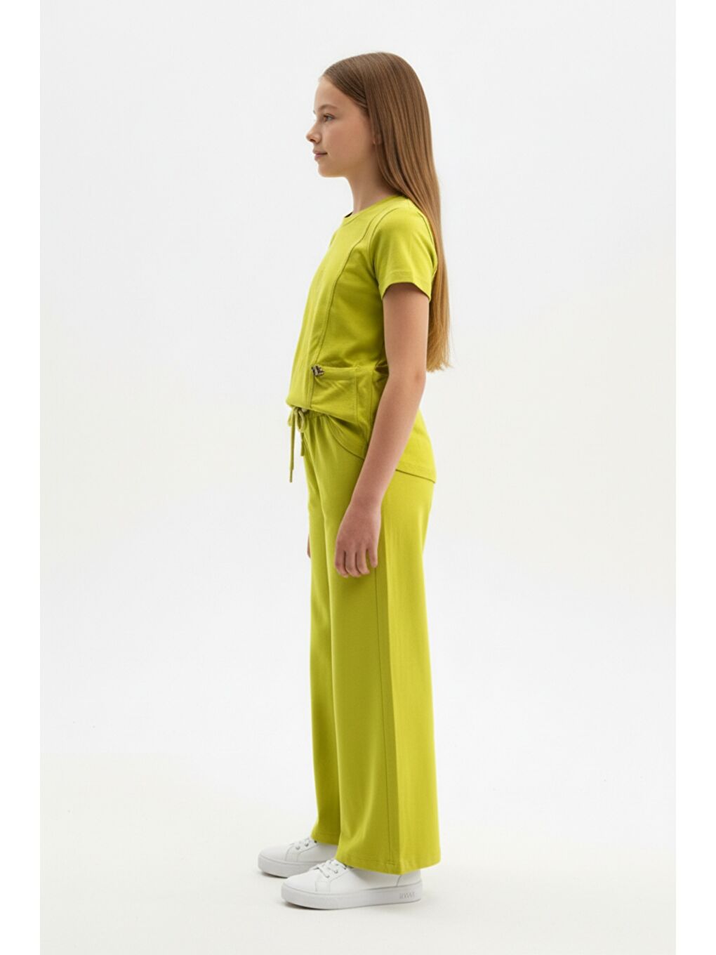 Ekru Kız Çocuk 2'li Eşofman Takımı Bisiklet Yaka Kısa kollu Cepli Tişört & Beli Lastikli Bol Paça-2