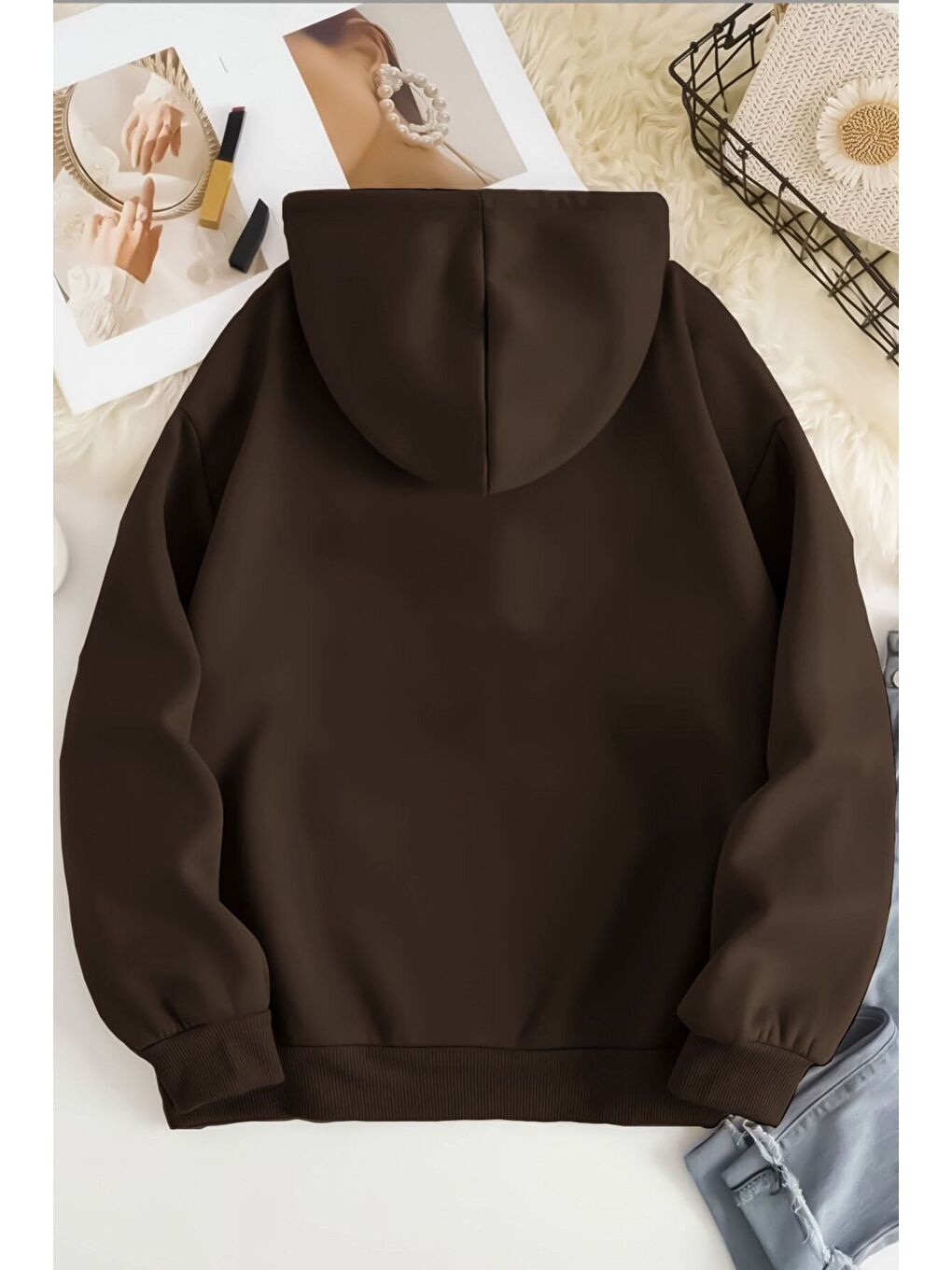 Kadın Kahverengi Horse Baskılı Oversize Kapüşonlu Sweatshirt Hoodie-1