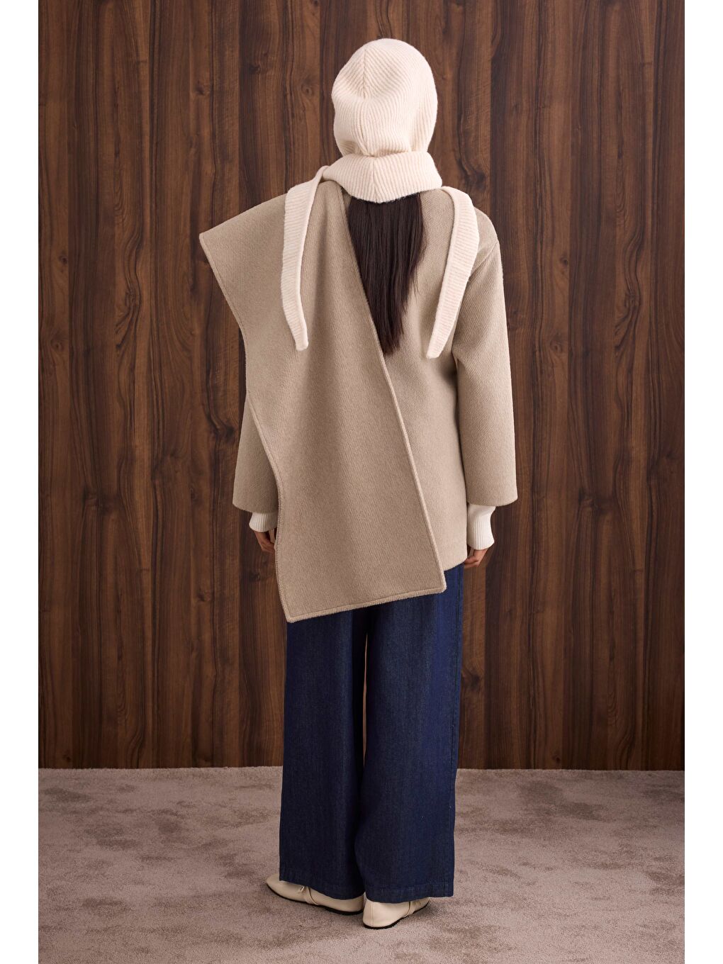 Bej Kuşaklı Şal Yaka Kaban Açık Vizon-4