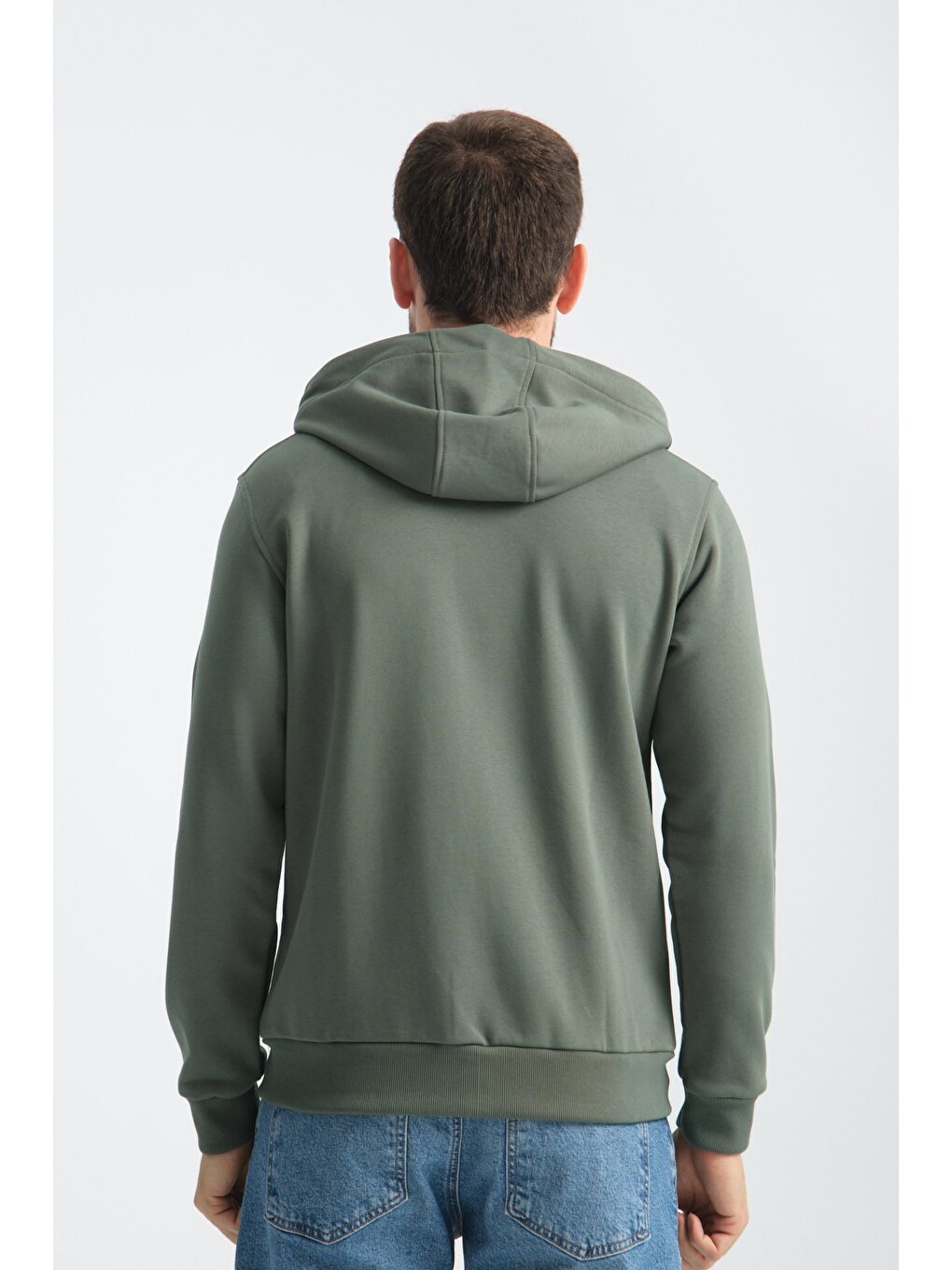 Haki Erkek Üç İplik Şardonsuz Fermuarlı Kapüşonlu Sweatshirt-6