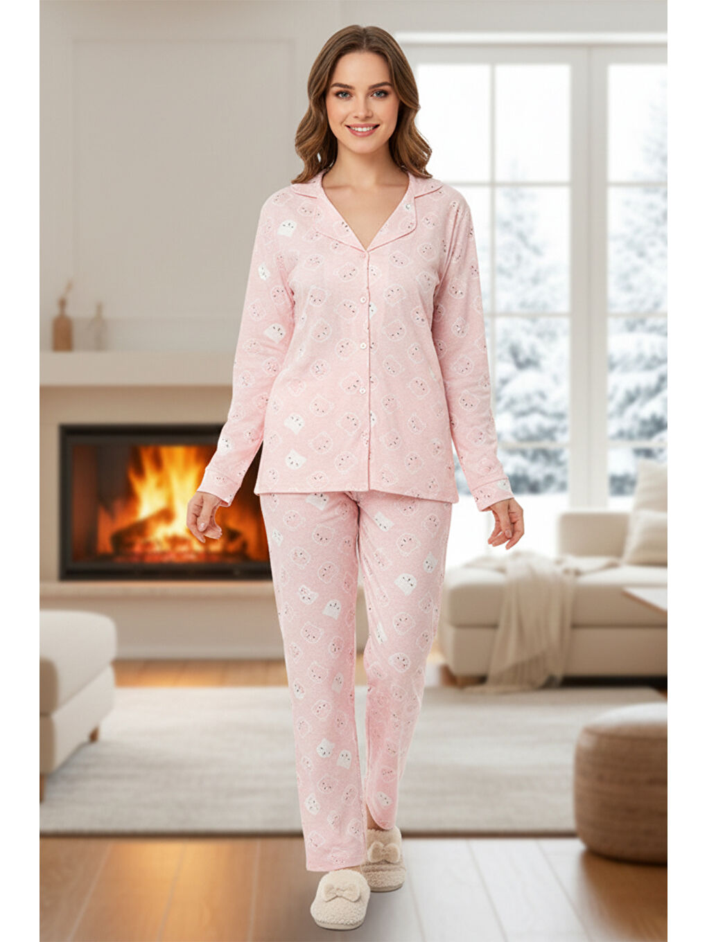 Kadın Ayıcık Desen Önü Düğmeli Suprem Pijama Takımı 0540 Pembe10-1