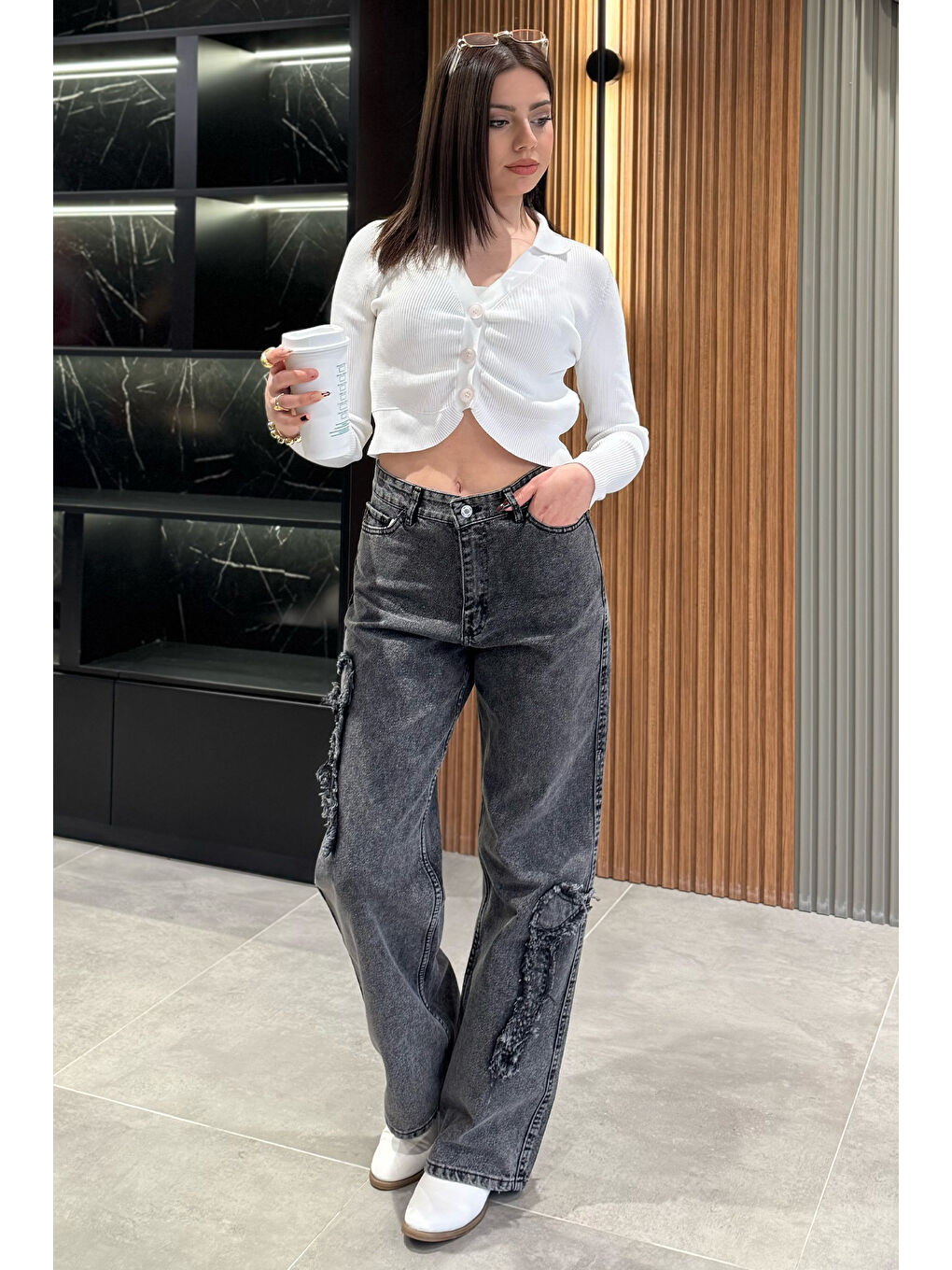 Antrasit Yan Kurdele Detaylı Kadın Bol Paça Jean Pantolon-1