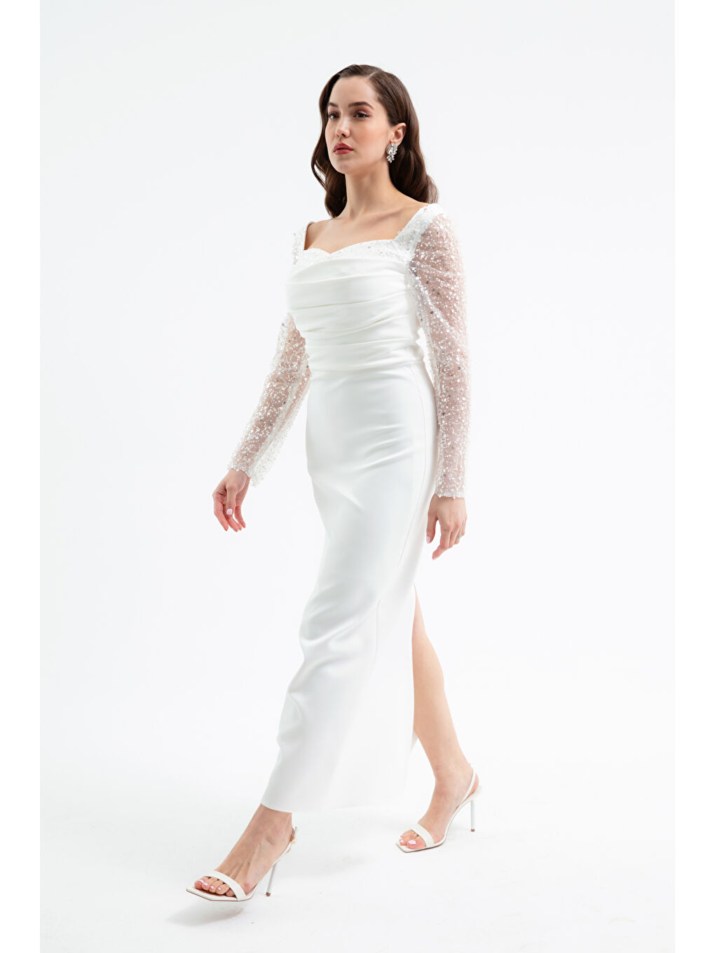 Kadın Beyaz Kalp Yaka Kolları Payetli Midi Söz Nişan Nikah Abiye Elbise-1