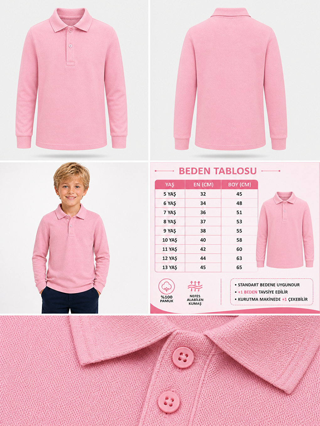 Pembe Kids Polo Yaka Basic Uzun Kollu Unisex Erkek Çocuk Tişört-1