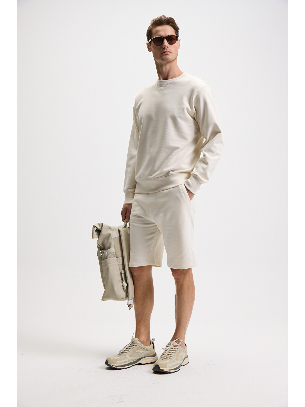 Bonell Erkek %100 Pamuk Relaxed Bisiklet Yaka Uzun Kollu Ekru Sweatshirt