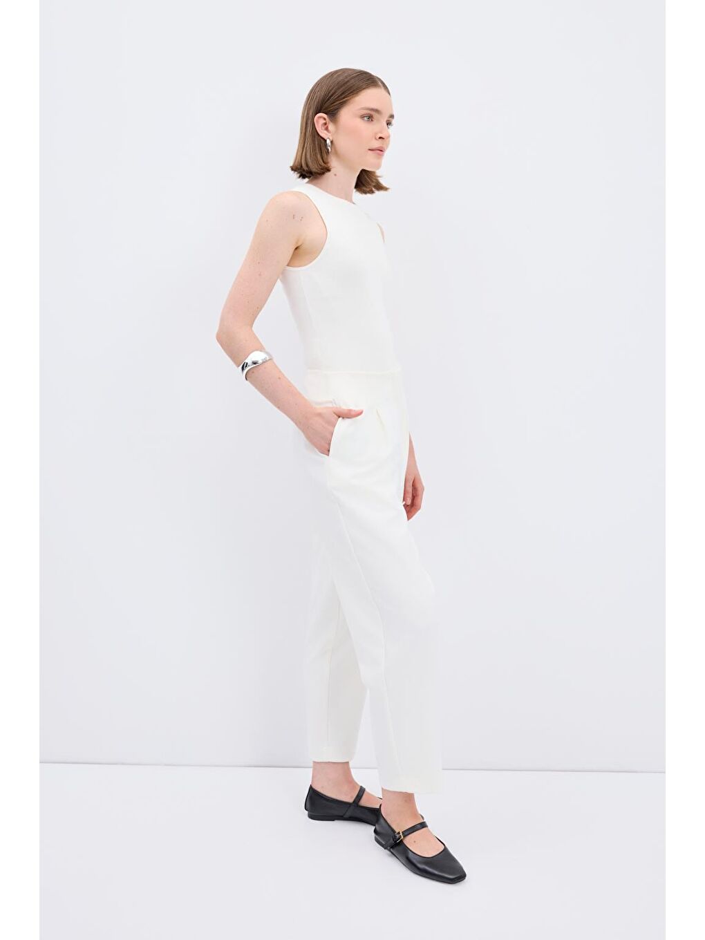 Yüksek Bel Düz Kesim Krep Pantolon Ekru-2