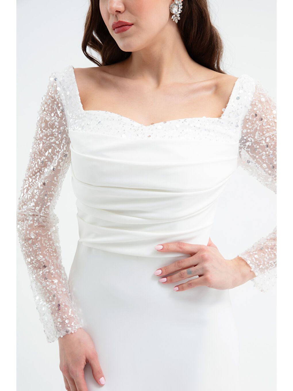 Kadın Beyaz Kalp Yaka Kolları Payetli Midi Söz Nişan Nikah Abiye Elbise-3