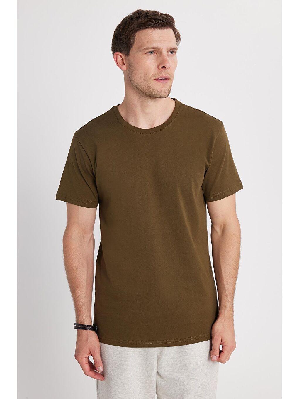 Unisex Slim Fit Dar Kesim %100 Pamuk Yumuşak Dokulu Haki Bisiklet Yaka Tişört