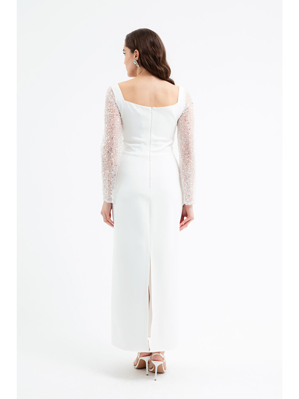 Kadın Beyaz Kalp Yaka Kolları Payetli Midi Söz Nişan Nikah Abiye Elbise-4