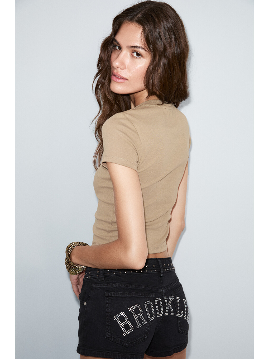 Bej Zolen Kadın Yumuşak Ve Esnek Kumaşlı Organik Pamuklu Kısa Kollu Crop Vizon T-shirt-4