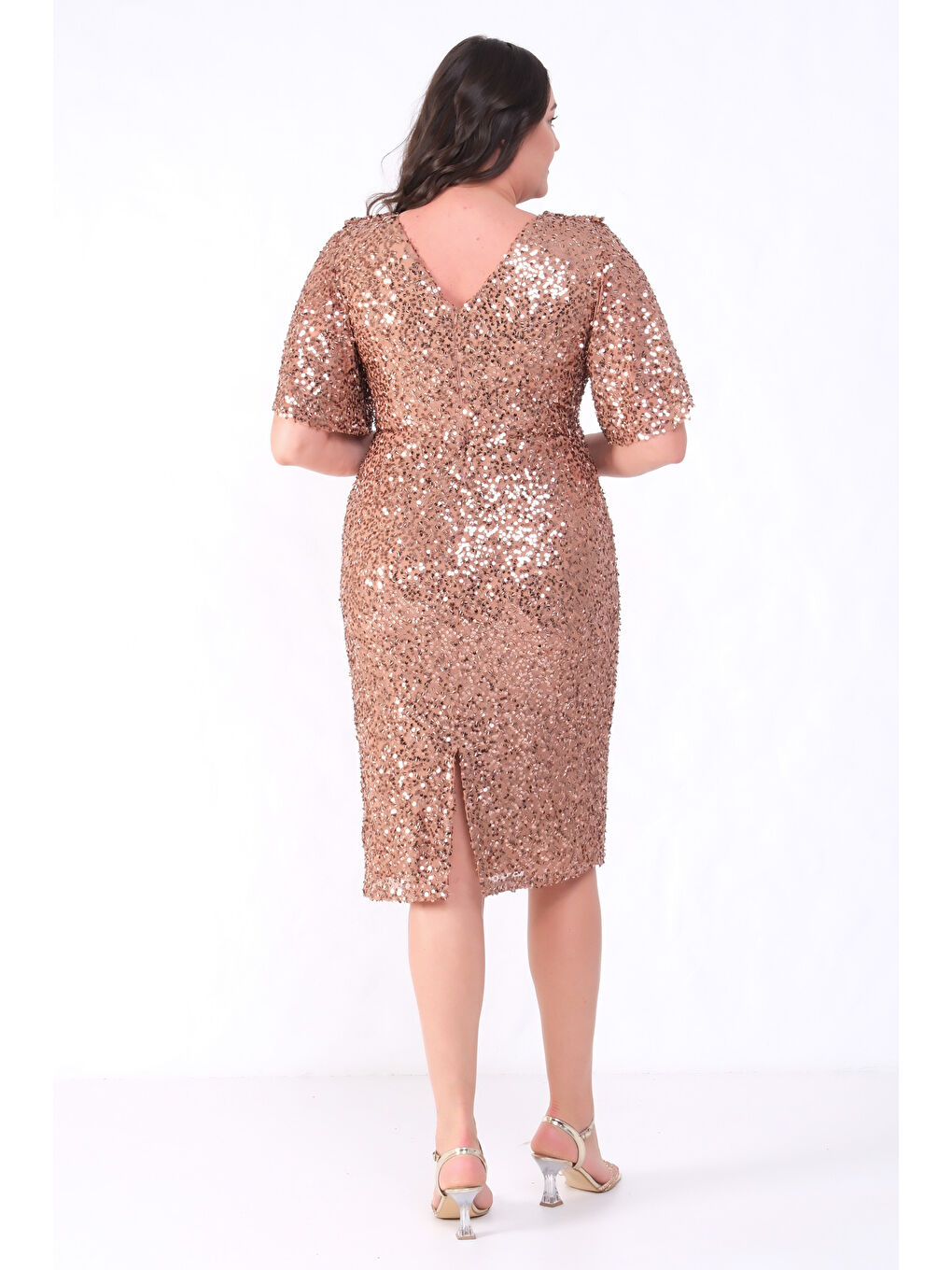 Kadın Kahverengi Degaje Yaka Pul Payet Büyük Beden Abiye Elbise-5