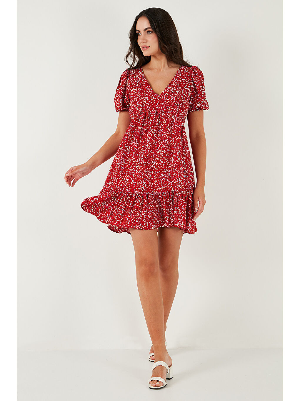 Kırmızı Regular Fit V Yaka Balon Kol Desenli Mini Kadın Elbise 67810045-2