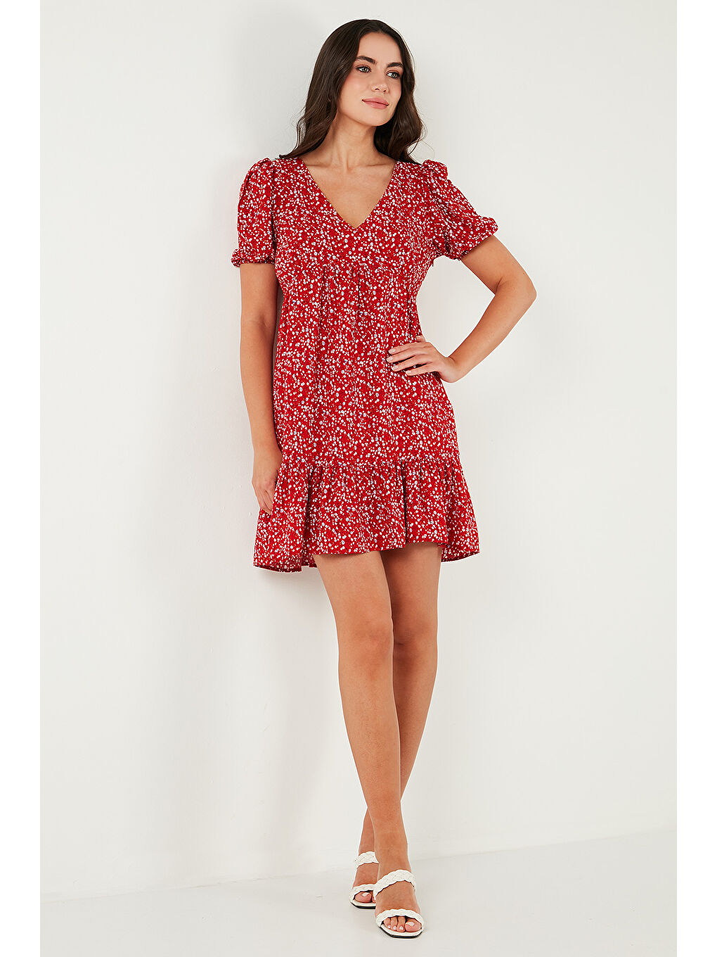 Kırmızı Regular Fit V Yaka Balon Kol Desenli Mini Kadın Elbise 67810045-3