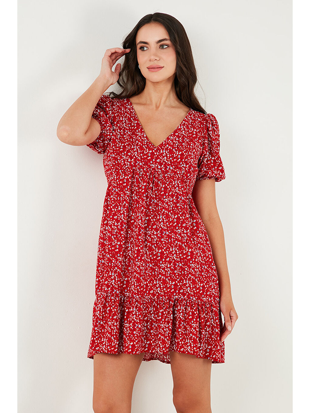 Kırmızı Regular Fit V Yaka Balon Kol Desenli Mini Kadın Elbise 67810045-4