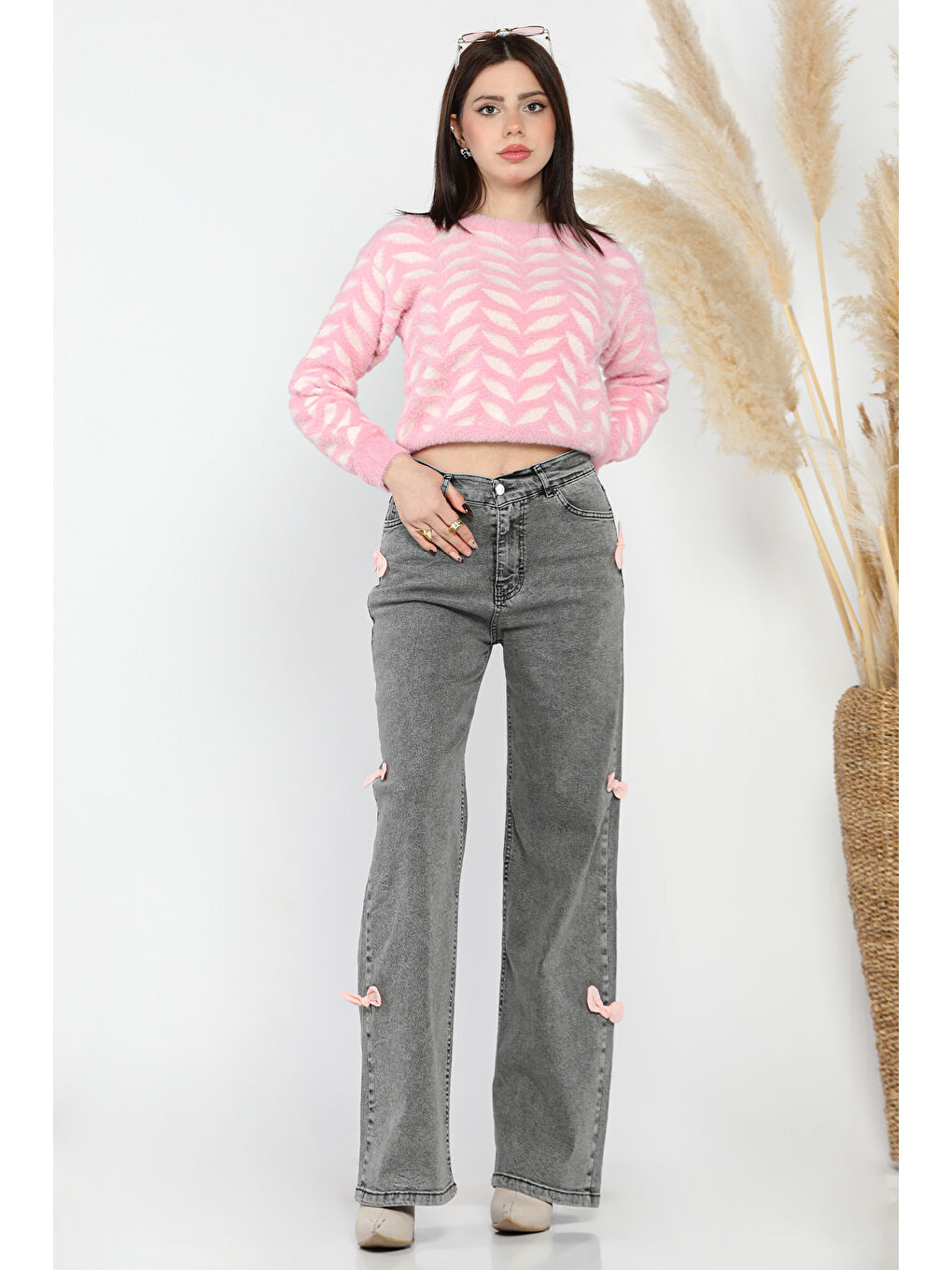 Antrasit Fiyonk Detaylı Yüksek Bel Bol Paça Kadın Jean Pantolon-1