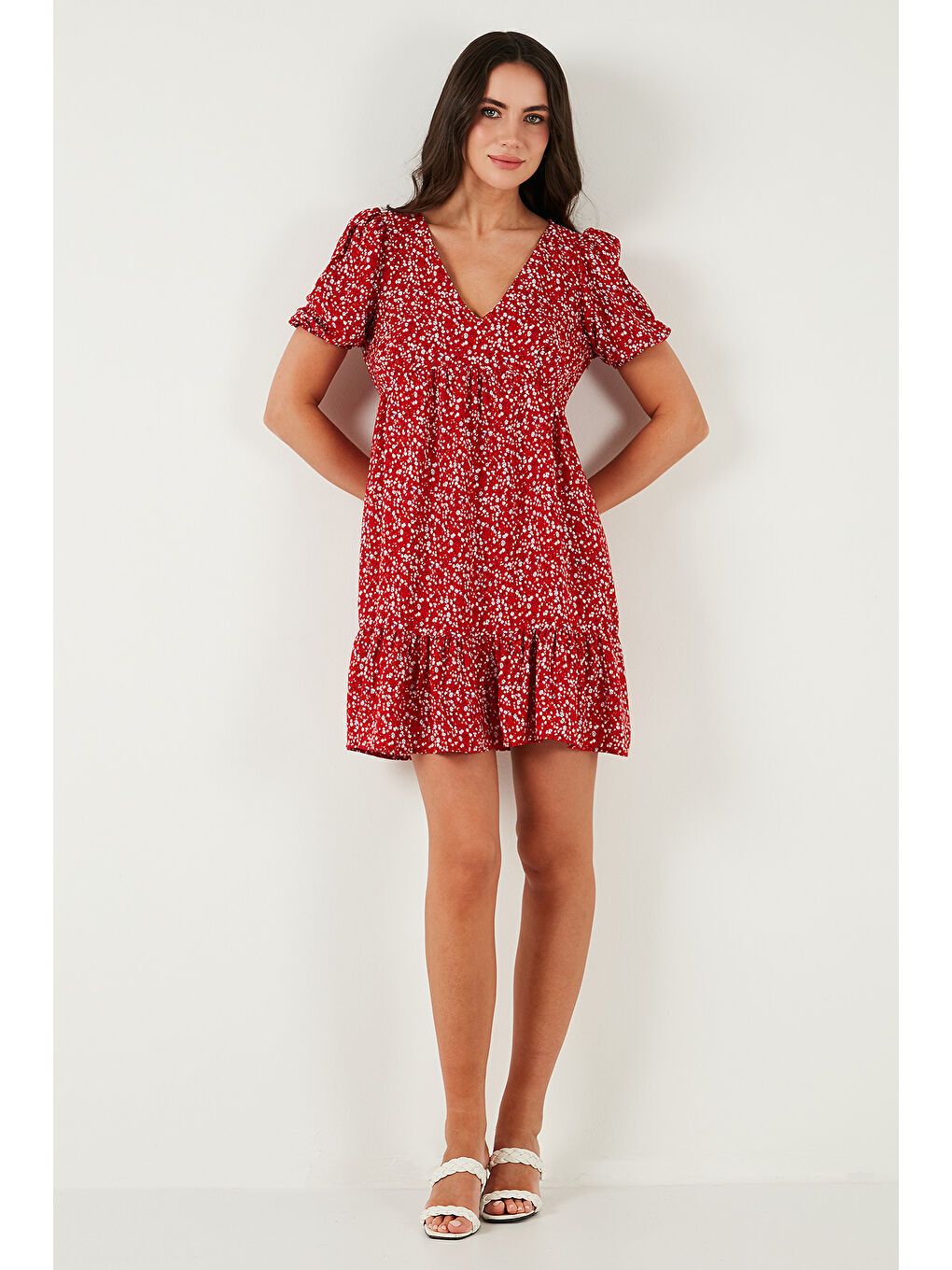 Kırmızı Regular Fit V Yaka Balon Kol Desenli Mini Kadın Elbise 67810045-5