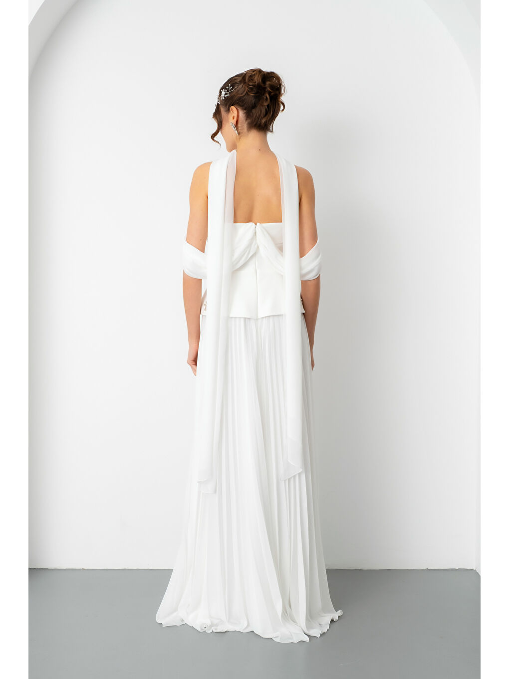 Kadın Beyaz Straplez Yaka Taşlı Uzun Söz Nişan Nikah Abiye Elbise-5