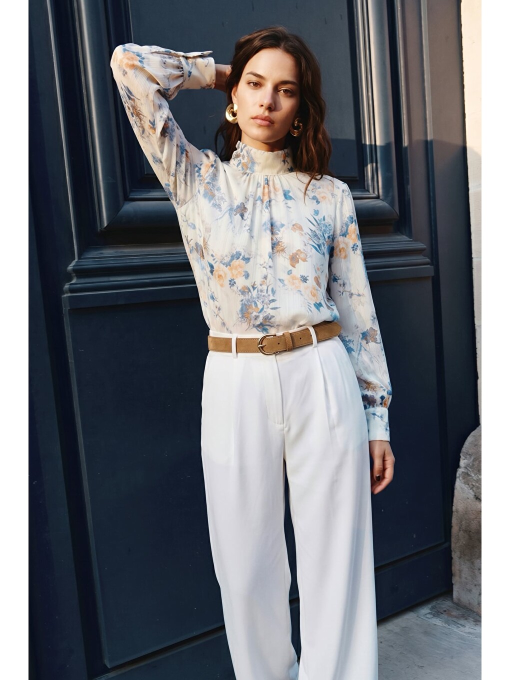 Çiçek Desenli Bluz - İndigo-3