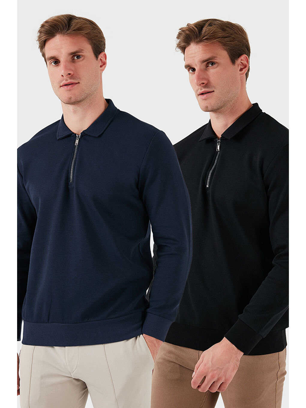 Lacivert Pamuklu Regular Fit Yarım Fermuarlı 2'li Paket Polo Yaka Sweat 5905789S2