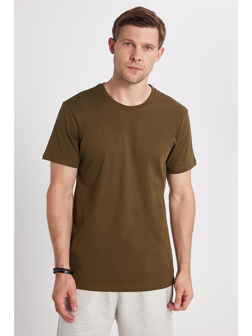 Unisex Slim Fit Dar Kesim %100 Pamuk Yumuşak Dokulu Haki Bisiklet Yaka Tişört-3