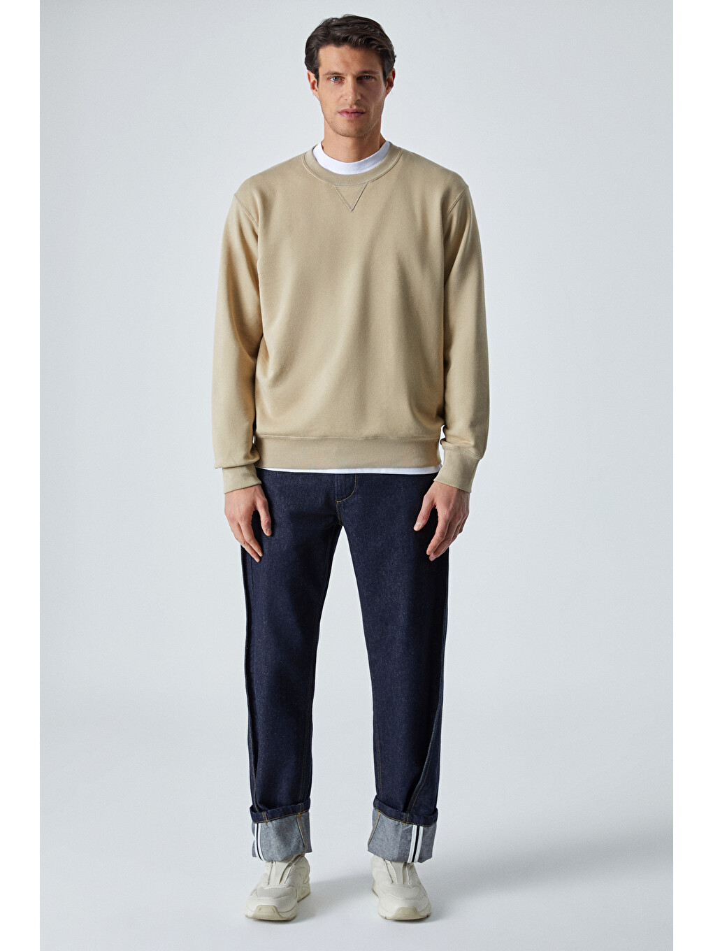 Bej Bonell Erkek %100 Pamuk Relaxed Bisiklet Yaka Uzun Kollu Vizon Sweatshirt-1