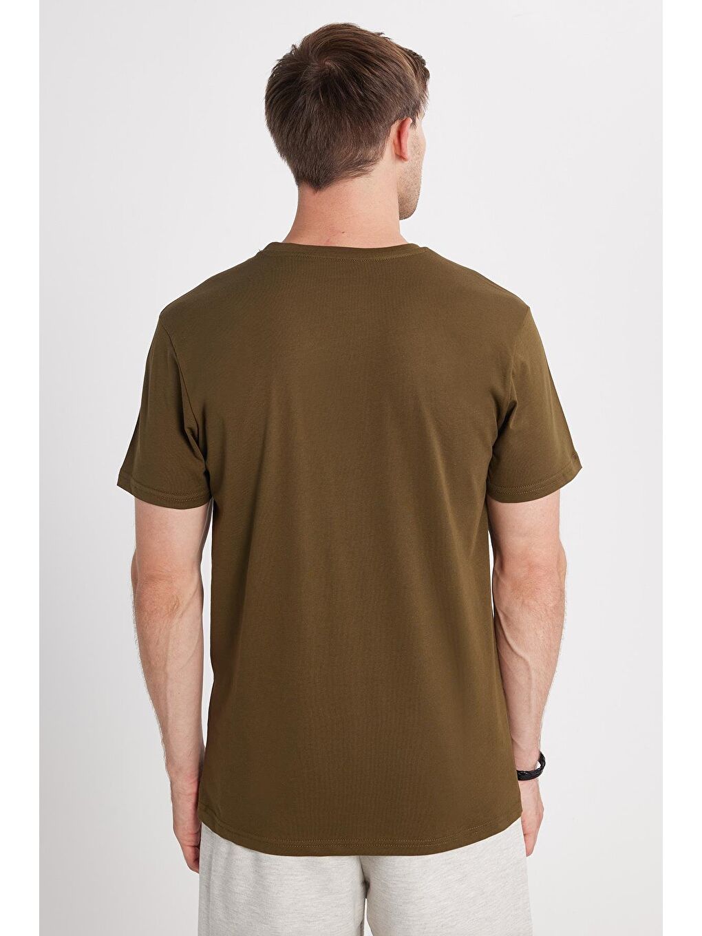 Unisex Slim Fit Dar Kesim %100 Pamuk Yumuşak Dokulu Haki Bisiklet Yaka Tişört-4