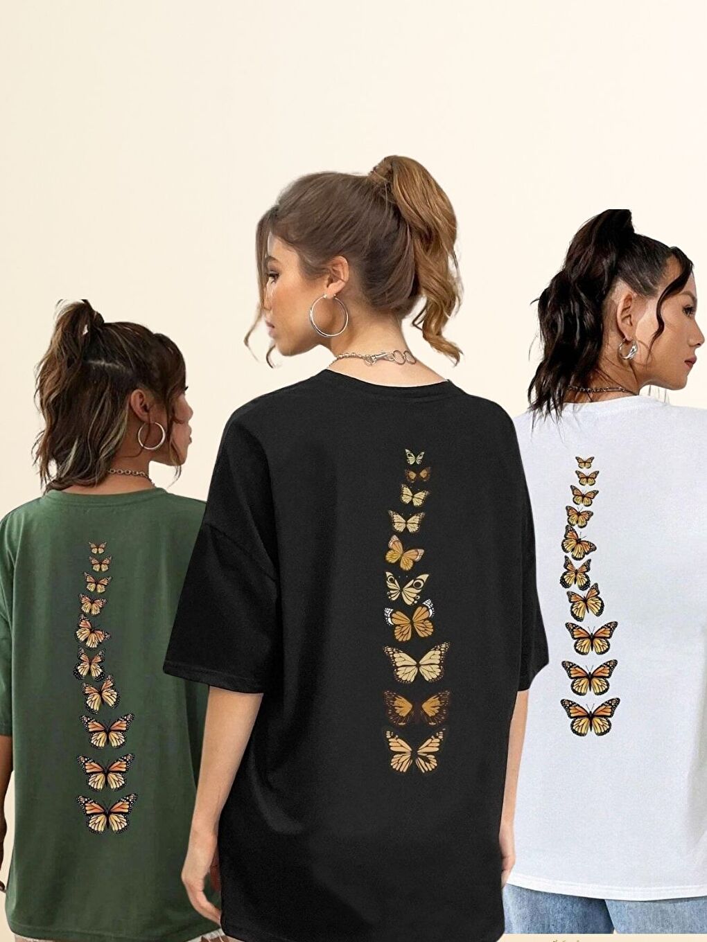 Karışık Kadın 3Lü Set Dikey Kelebekler Baskılı Oversize Tişört