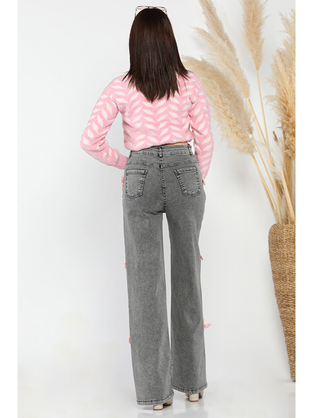 Antrasit Fiyonk Detaylı Yüksek Bel Bol Paça Kadın Jean Pantolon-2