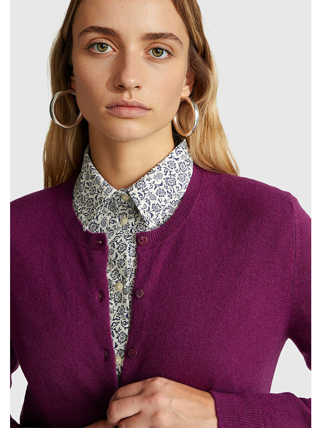 Kadın Mürdüm %100 Merino Bisiklet Yaka Hırka-5