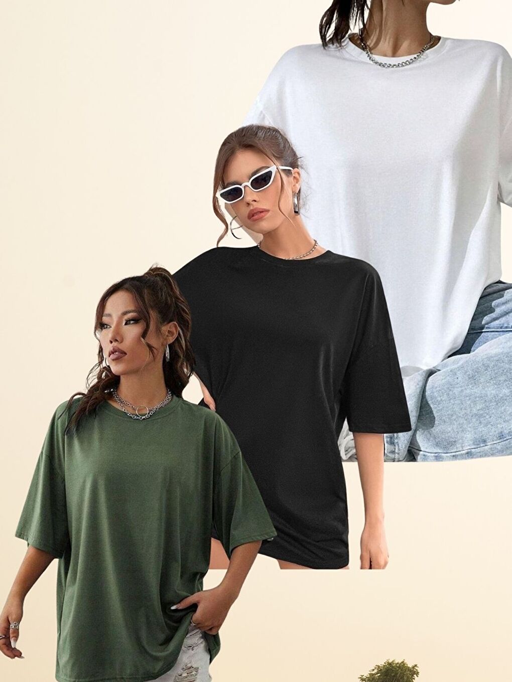 Karışık Kadın 3Lü Set Dikey Kelebekler Baskılı Oversize Tişört-1