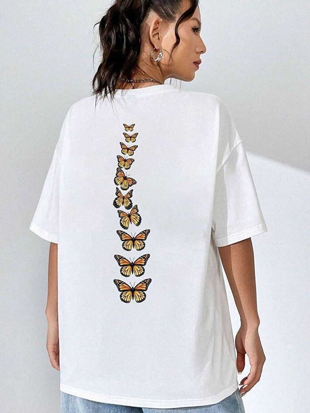 Karışık Kadın 3Lü Set Dikey Kelebekler Baskılı Oversize Tişört-3