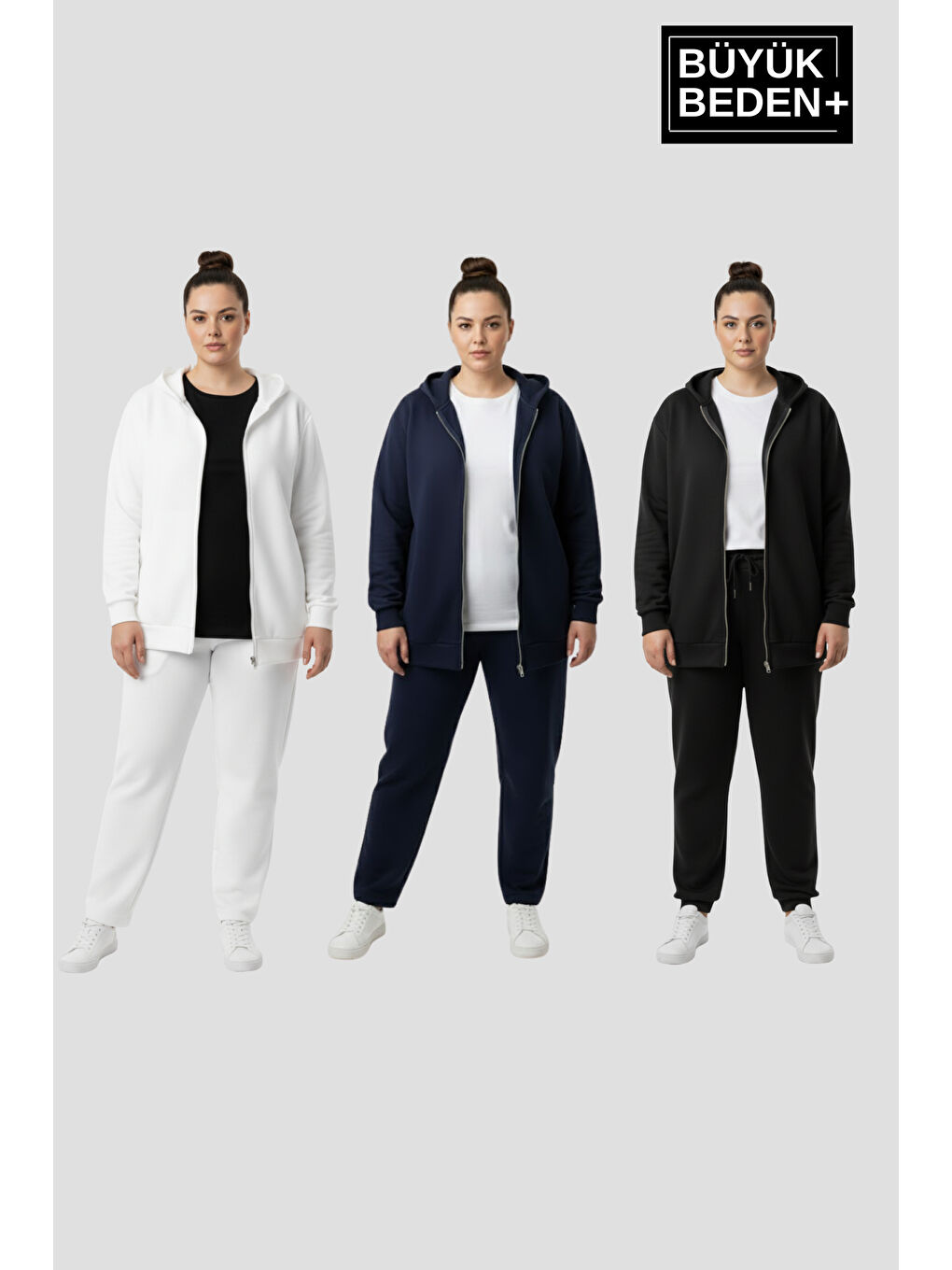 Siyah Erkek Büyük Beden Fermuarlı Kapüşonlu 3 'lü Set ince Sweatshirt Hırka - Rahat Kalıp SPR26BHRK960+3