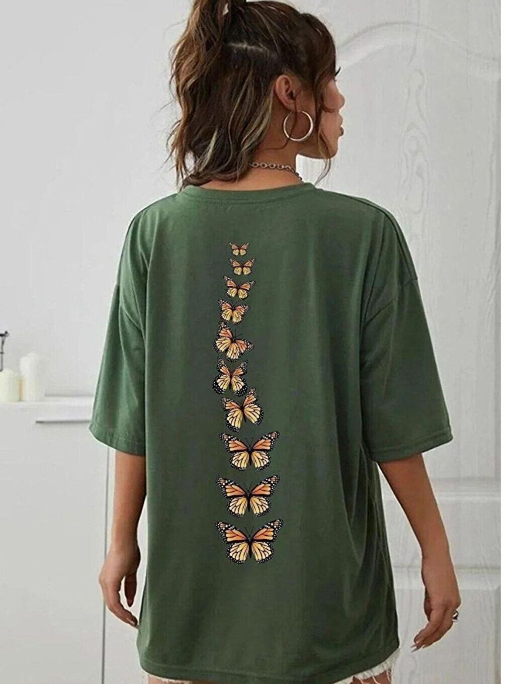 Karışık Kadın 3Lü Set Dikey Kelebekler Baskılı Oversize Tişört-4