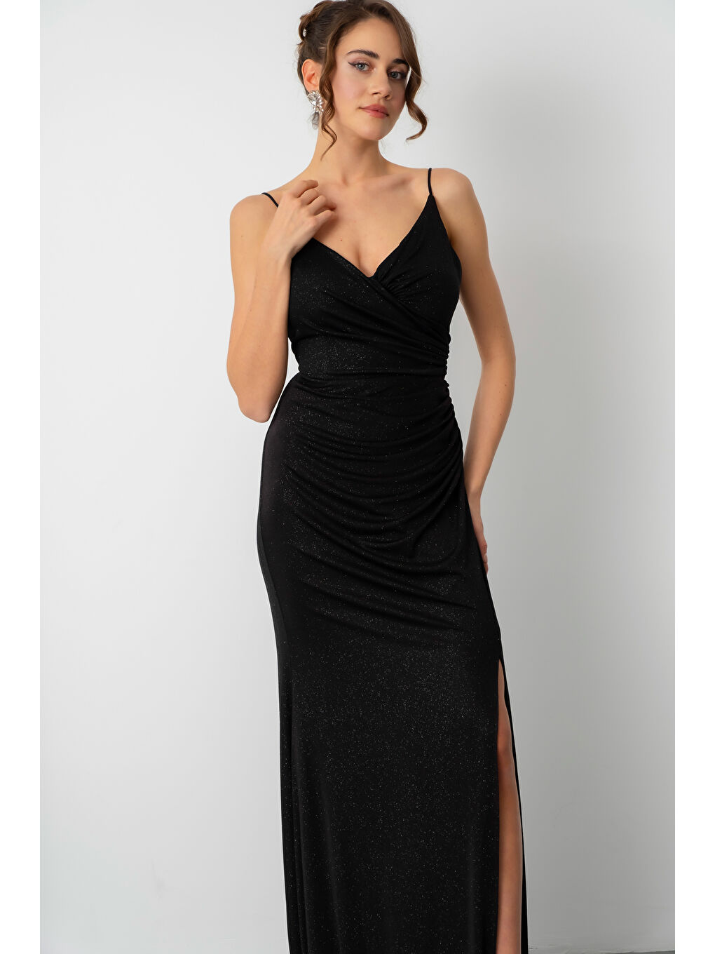 Kadın Siyah Sırt Dekolteli Simli Uzun Abiye Elbise-2