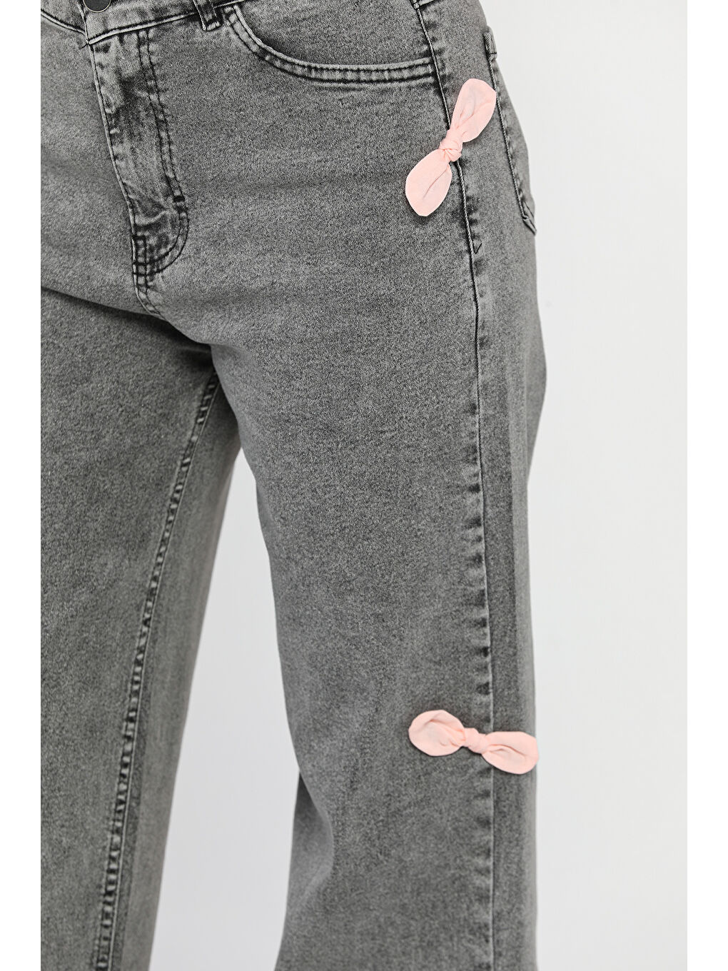 Antrasit Fiyonk Detaylı Yüksek Bel Bol Paça Kadın Jean Pantolon-3
