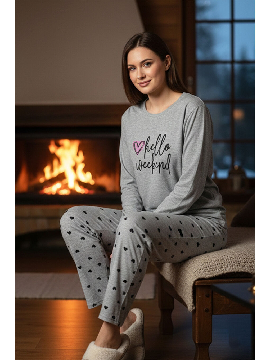 Kadın Kalp Desen Suprem Pijama Takımı 0552 Gri10