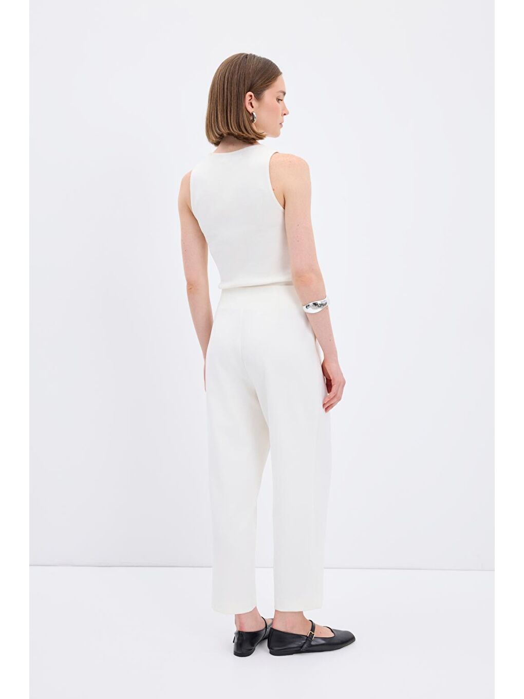 Yüksek Bel Düz Kesim Krep Pantolon Ekru-4