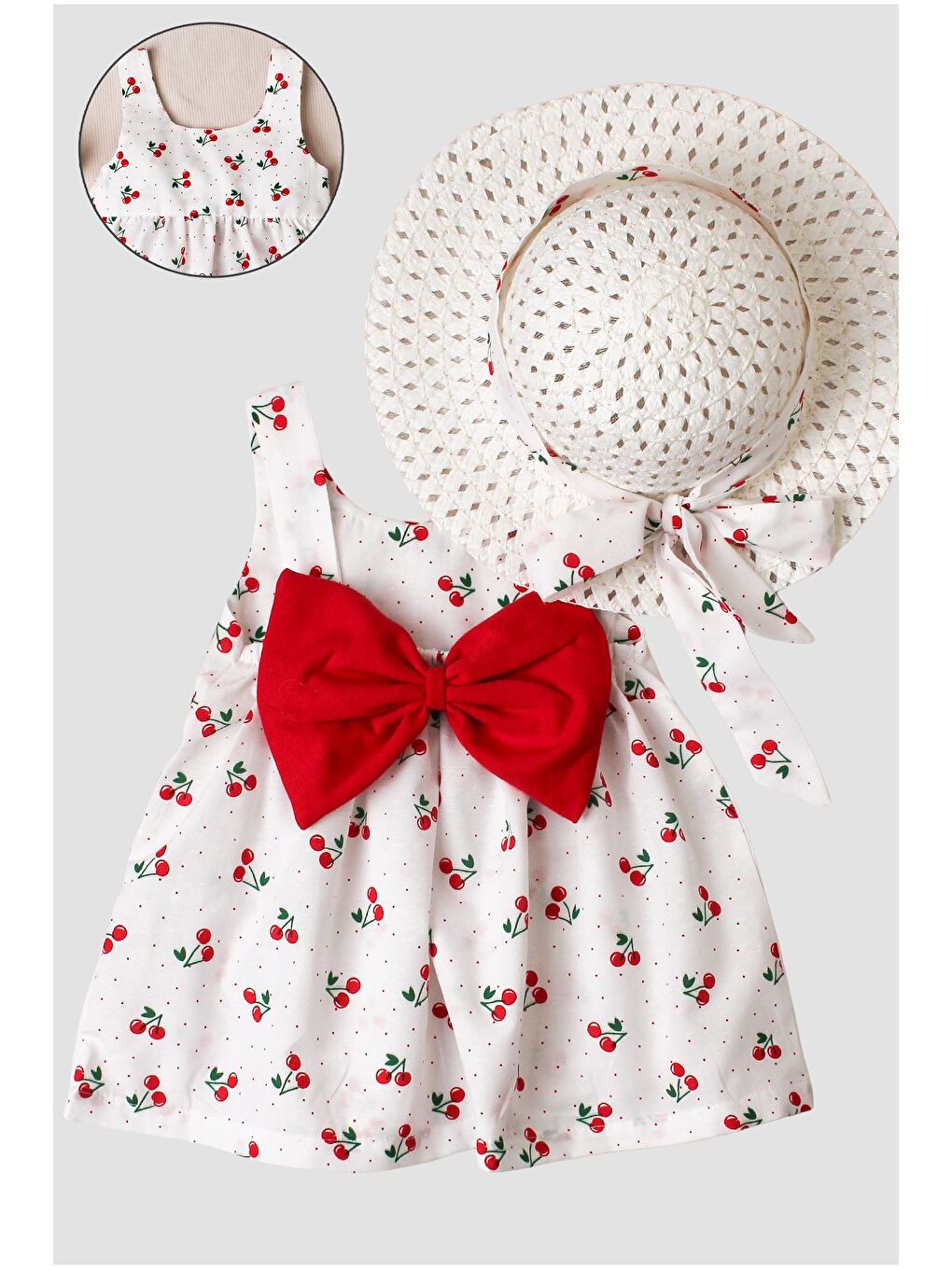 Kırmızı Kiraz Desenli Şapkalı Fiyonklu Kız Bebek Elbisesi