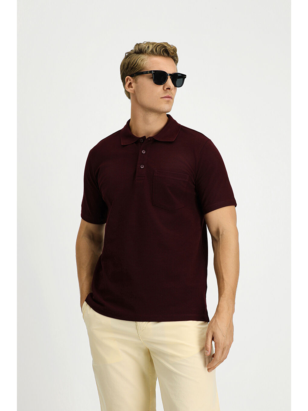 Bordo Slim Fit Dar Kesim Pamuk Cepli Polo Yaka Tişört