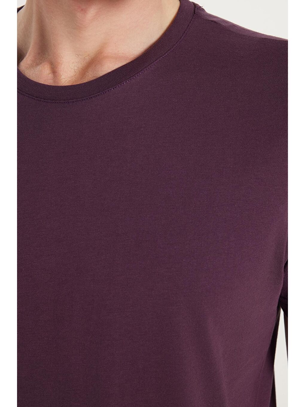 Unisex Slim Fit Dar Kesim %100 Pamuk Yumuşak Dokulu Mor Bisiklet Yaka Tişört-2