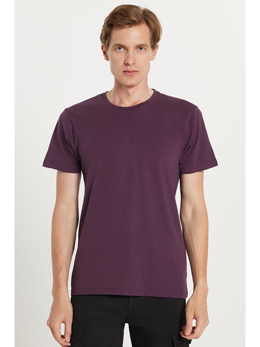 Unisex Slim Fit Dar Kesim %100 Pamuk Yumuşak Dokulu Mor Bisiklet Yaka Tişört-3