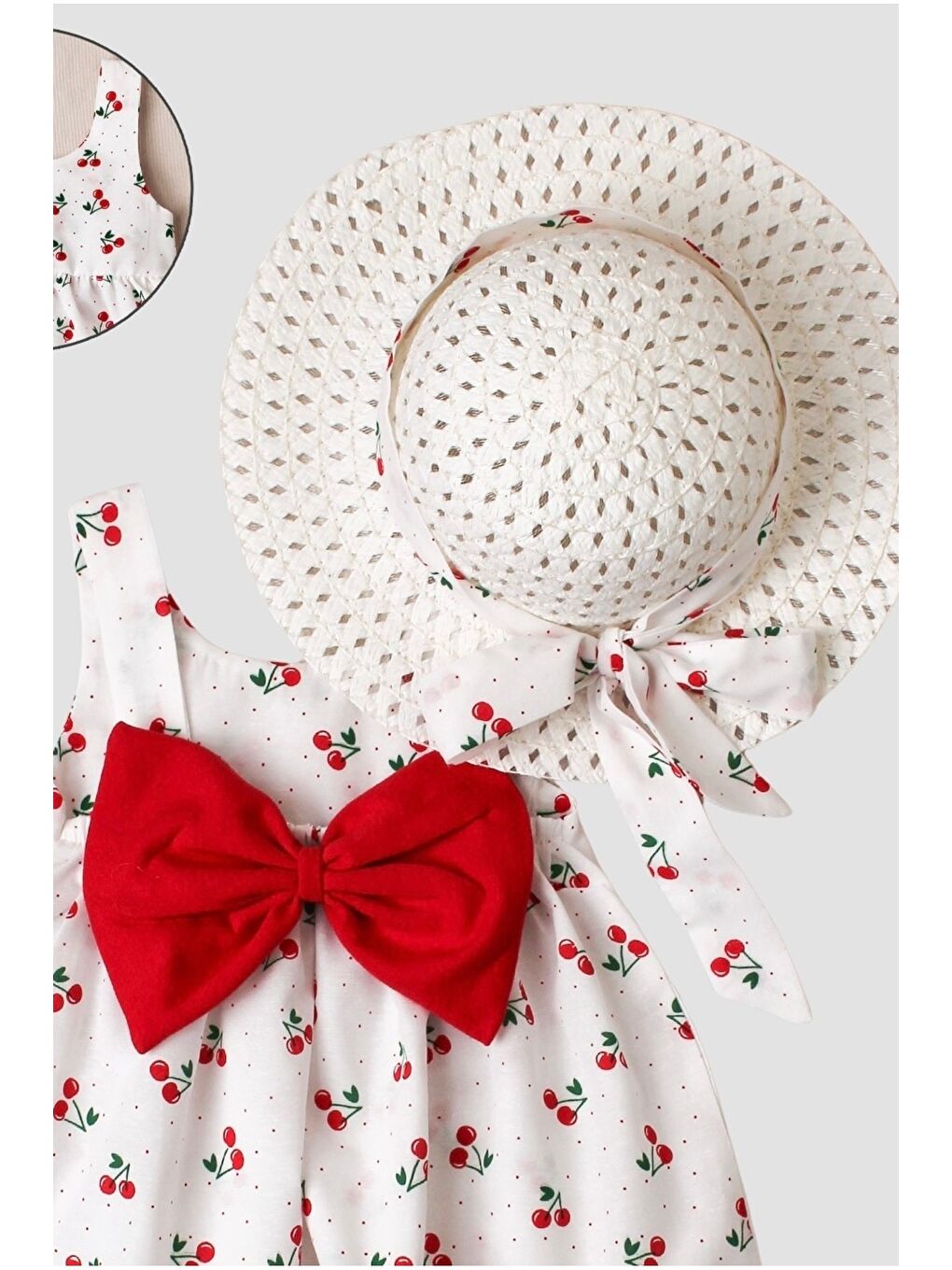 Kırmızı Kiraz Desenli Şapkalı Fiyonklu Kız Bebek Elbisesi-1