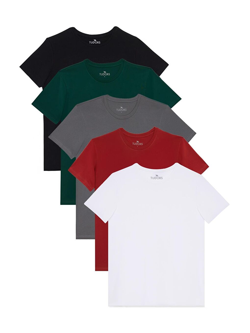 Unisex 5'Li Paket Beyaz-Kırmızı-Gri-Yeşil-Siyah Slim Fit Dar Kesim %100 Pamuk Bisiklet Yaka Tişört